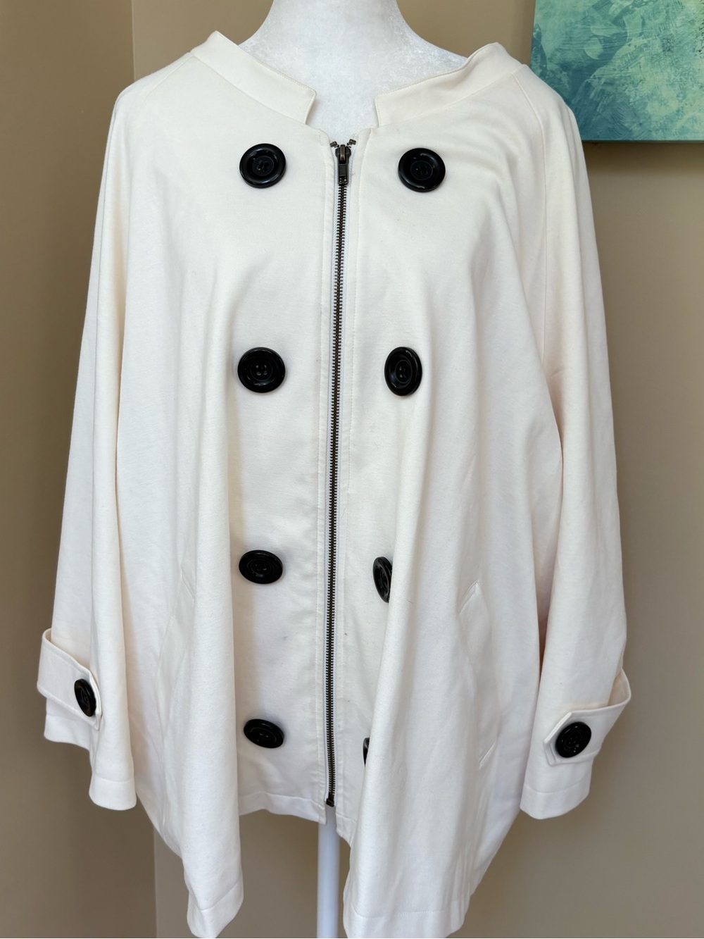 Jessica London Cream Zip Jacket Cape w Pea Coat Large Black Buttons Size L